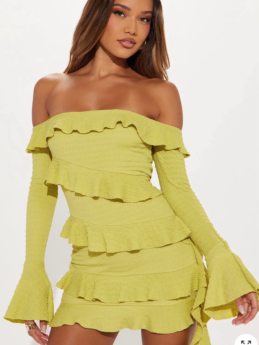 Fashion Nova Lime Off-Shoulder Ruffle Long Sleeve Mini Dress